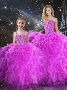 Fuchsia Sweetheart Neckline Beading and Ruffles Sweet 16 Quinceanera Dress Sleeveless Lace Up