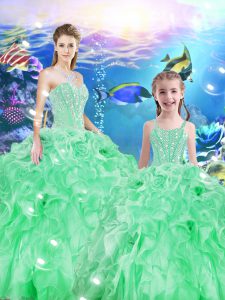 Floor Length Apple Green Sweet 16 Dresses Organza Sleeveless Beading and Ruffles