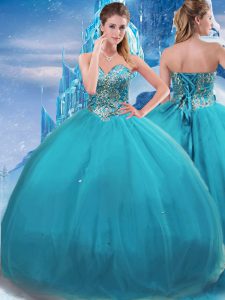 Sweet Floor Length Teal Vestidos de Quinceanera Tulle Sleeveless Appliques