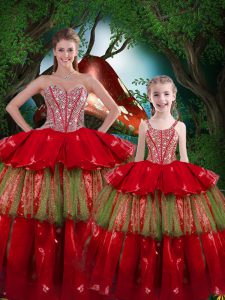 Traditional Floor Length Wine Red Quinceanera Gown Organza Sleeveless Beading and Ruffled Layers