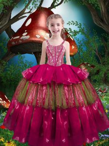 Hot Pink Sleeveless Organza Lace Up Little Girls Pageant Dress Wholesale for Quinceanera and Wedding Party