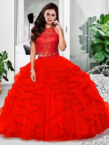 Red Two Pieces Halter Top Sleeveless Tulle Floor Length Zipper Lace and Ruffles Sweet 16 Quinceanera Dress