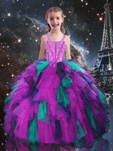 Floor Length Lace Up Child Pageant Dress Fuchsia for Quinceanera and Wedding Party with Beading and Ruffles