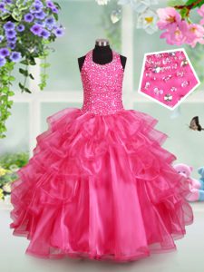 Custom Design Hot Pink Organza Lace Up Halter Top Sleeveless Floor Length Little Girls Pageant Gowns Beading and Ruffled Layers