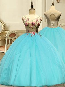 Extravagant Floor Length Ball Gowns Sleeveless Aqua Blue Vestidos de Quinceanera Lace Up