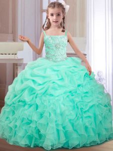 Straps Apple Green Ball Gowns Beading and Ruffles and Pick Ups Pageant Gowns For Girls Lace Up Organza Sleeveless Floor Length