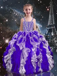 Floor Length Purple Little Girls Pageant Gowns Straps Sleeveless Lace Up