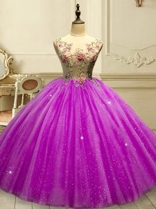 Deluxe Fuchsia Ball Gowns Scoop Sleeveless Tulle Floor Length Lace Up Appliques and Sequins Quinceanera Gowns