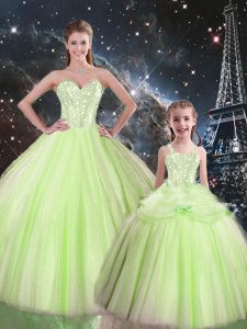 Fitting Yellow Green Ball Gowns Sweetheart Sleeveless Tulle Floor Length Lace Up Beading Ball Gown Prom Dress