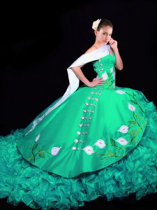 Best Turquoise Sleeveless Organza Brush Train Lace Up Ball Gown Prom Dress for Military Ball and Sweet 16 and Quinceanera