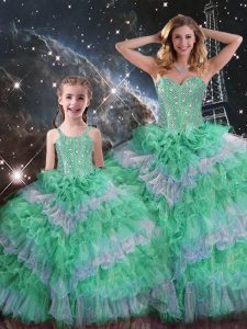 Fine Multi-color Lace Up Sweetheart Beading and Ruffled Layers Sweet 16 Quinceanera Dress Organza Sleeveless