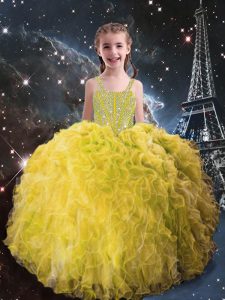 Sleeveless Organza Floor Length Lace Up Kids Pageant Dress in Light Yellow with Beading and Ruffles