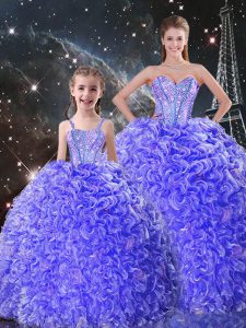 Luxurious Floor Length Purple Sweet 16 Dresses Organza Sleeveless Beading and Ruffles