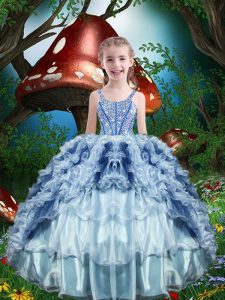 Popular Baby Blue Sleeveless Beading and Ruffles and Ruffled Layers Floor Length Little Girl Pageant Gowns