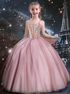 Exquisite Baby Pink Sleeveless Tulle Lace Up Little Girls Pageant Gowns for Quinceanera and Wedding Party