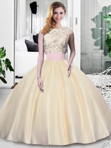 Fine Sleeveless Floor Length Lace and Appliques and Ruching Zipper Quinceanera Gown with Champagne