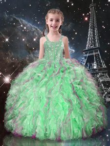 Latest Apple Green Lace Up Kids Pageant Dress Beading and Ruffles Sleeveless Floor Length