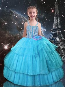 Sleeveless Lace Up Floor Length Beading and Ruffled Layers Little Girls Pageant Dress