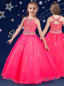 Trendy Scoop Beading Kids Pageant Dress Hot Pink Zipper Sleeveless Floor Length