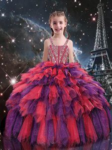 Sleeveless Lace Up Floor Length Beading and Ruffles Kids Pageant Dress