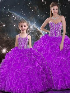 Hot Sale Purple Organza Lace Up Sweetheart Sleeveless Floor Length Quinceanera Gown Beading and Ruffles