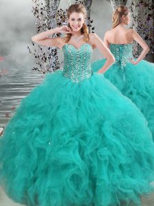 Turquoise Quinceanera Gowns Military Ball and Sweet 16 and Quinceanera with Beading and Ruffles Sweetheart Sleeveless Lace Up