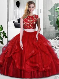 New Style Wine Red Scoop Neckline Lace and Ruffles Vestidos de Quinceanera Sleeveless Zipper