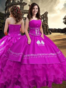 Taffeta Strapless Sleeveless Zipper Embroidery and Ruffled Layers Quinceanera Gowns in Fuchsia