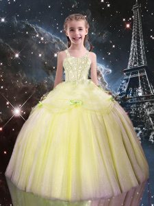 Light Yellow Tulle Lace Up Kids Pageant Dress Sleeveless Floor Length Beading