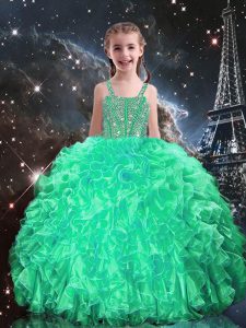 Popular Floor Length Lace Up Little Girl Pageant Gowns Apple Green for Quinceanera and Wedding Party with Beading and Ruffles