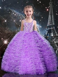 Eggplant Purple Sleeveless Floor Length Beading and Ruffles and Ruffled Layers Lace Up Child Pageant Dress