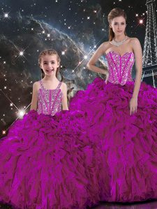 Organza Sweetheart Sleeveless Lace Up Beading and Ruffles Quince Ball Gowns in Fuchsia