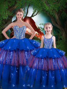 Blue Sweetheart Lace Up Beading and Ruffled Layers 15th Birthday Dress Sleeveless