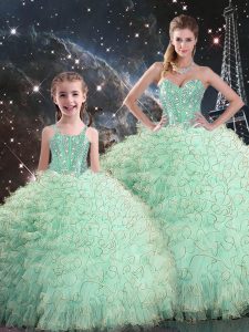 Beauteous Floor Length Ball Gowns Sleeveless Apple Green Quince Ball Gowns Lace Up