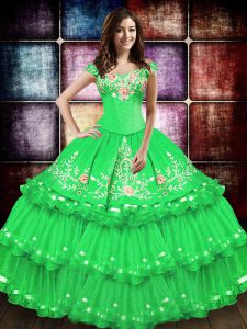 Chic Off The Shoulder Sleeveless Quinceanera Dresses Floor Length Embroidery and Ruffled Layers Green Taffeta