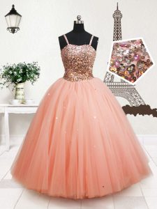 Straps Floor Length Peach Little Girl Pageant Dress Tulle Sleeveless Beading and Sequins