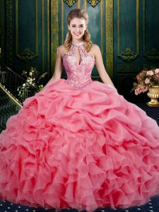 Watermelon Red Sleeveless Beading and Ruffles and Pick Ups Floor Length Quinceanera Gowns