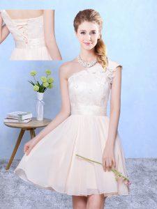 Knee Length Champagne Quinceanera Dama Dress Chiffon Cap Sleeves Appliques