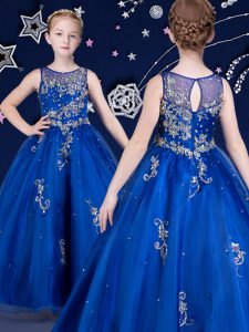 Fancy Scoop Sleeveless Floor Length Beading and Appliques Zipper Kids Pageant Dress with Royal Blue