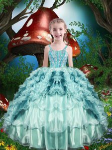 Inexpensive Straps Sleeveless Organza Little Girls Pageant Dress Wholesale Beading and Ruffles and Ruffled Layers Lace Up