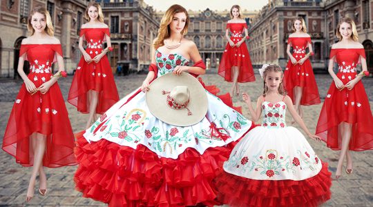 Admirable Red Organza Lace Up Sweet 16 Dress Sleeveless Floor Length Embroidery and Ruffled Layers