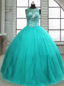 Stunning Turquoise Lace Up Scoop Beading Quinceanera Dress Tulle Sleeveless