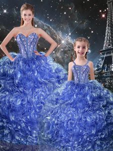 Blue Sleeveless Floor Length Beading and Ruffles Lace Up Vestidos de Quinceanera