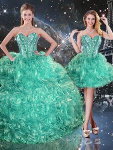 Beautiful Turquoise Lace Up Quinceanera Dress Beading and Ruffles Sleeveless Floor Length