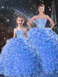 Organza Sweetheart Sleeveless Lace Up Beading and Ruffles Quince Ball Gowns in Blue