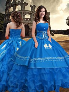 Strapless Sleeveless Taffeta Ball Gown Prom Dress Embroidery and Ruffled Layers Zipper