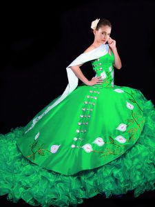 Decent Sweetheart Sleeveless Organza Sweet 16 Quinceanera Dress Embroidery and Ruffles Brush Train Lace Up