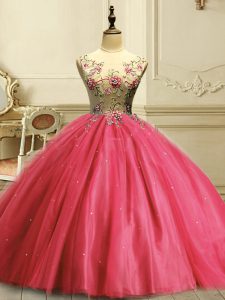 Coral Red Scoop Neckline Appliques and Sequins Quinceanera Dresses Sleeveless Lace Up