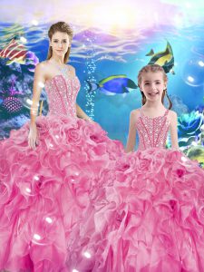 Floor Length Rose Pink 15th Birthday Dress Organza Sleeveless Beading and Ruffles