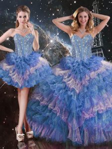 Popular Floor Length Multi-color Quince Ball Gowns Organza Sleeveless Beading and Ruffled Layers and Sequins